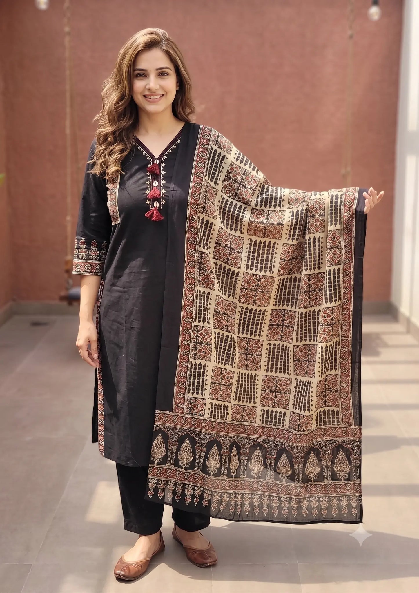Black Ajrakh Handwork Cotton Kurta Pant Dupatta Set