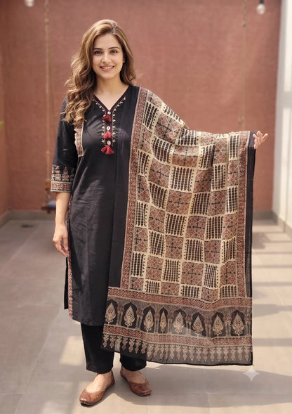 Black Ajrakh Handwork Cotton Kurta Pant Dupatta Set