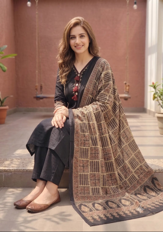 Black Ajrakh Handwork Cotton Kurta Pant Dupatta Set