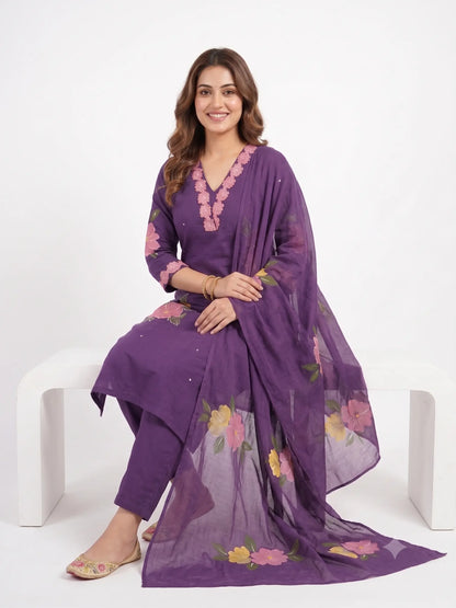 Purple Elegance Pure Cotton Hand-Painted Dupatta Suit Set