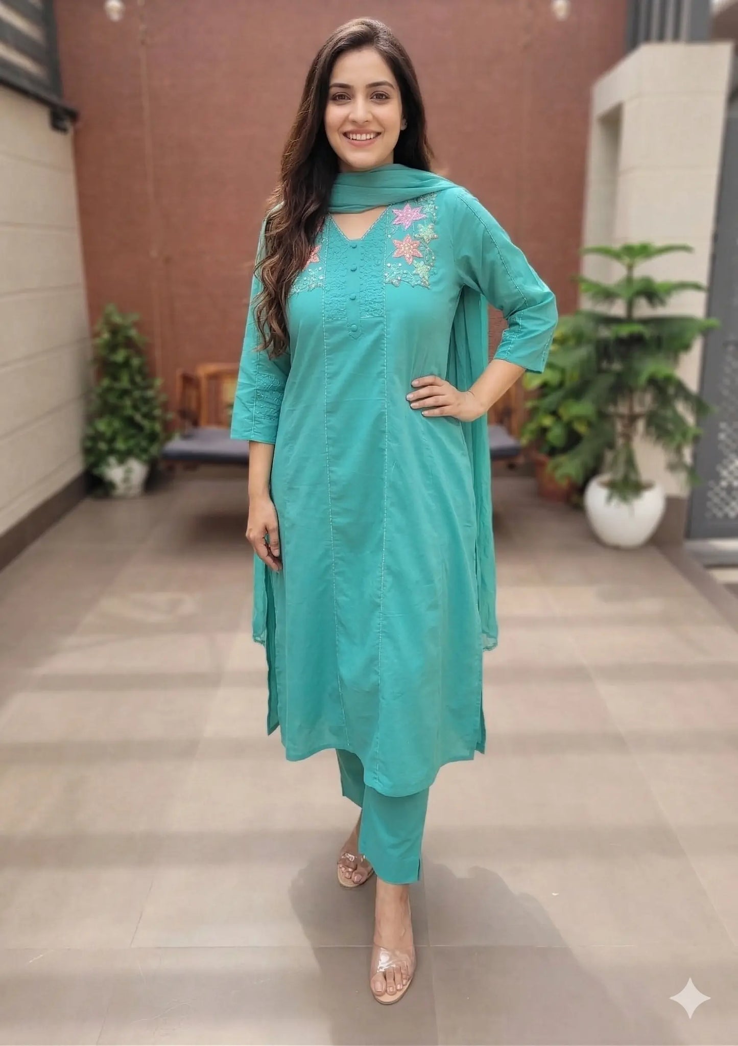 Mint embroidered and Handwork Kurta Set