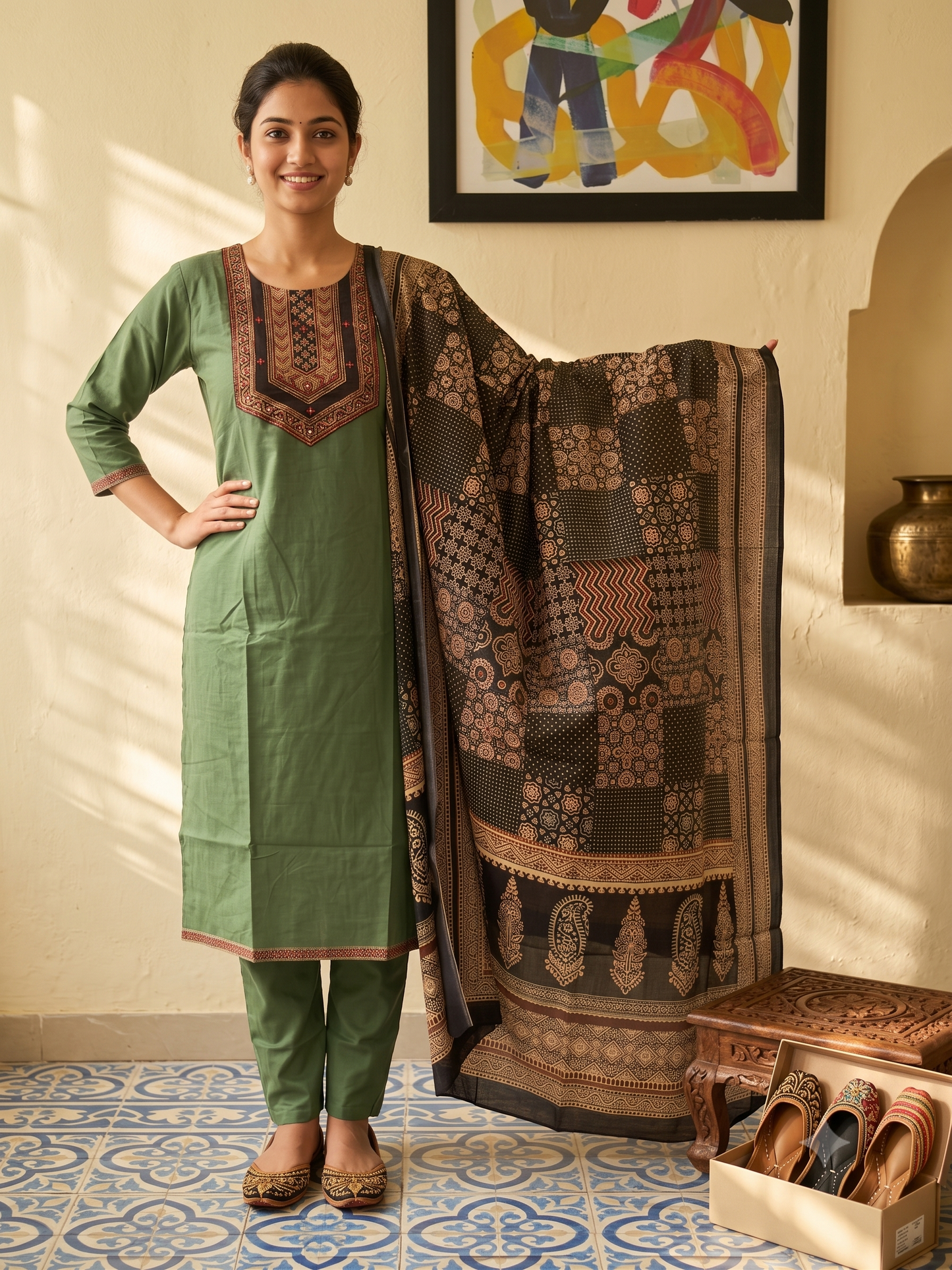Women's Gamthi Cotton Mirror & Patch Work Kurta Pant Dupatta Set (Pista Green)