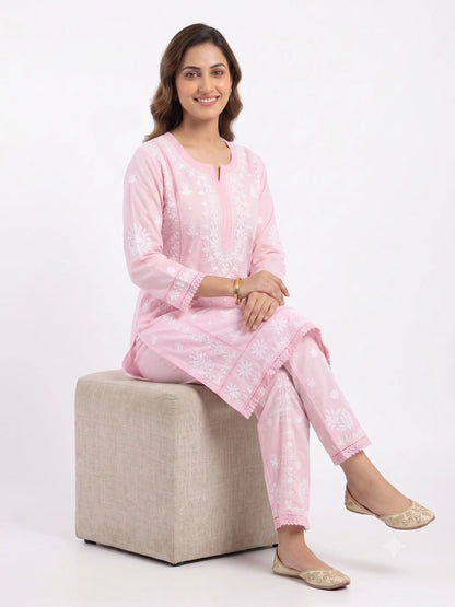 Premium Rayon Pink Chikankari Coord Set