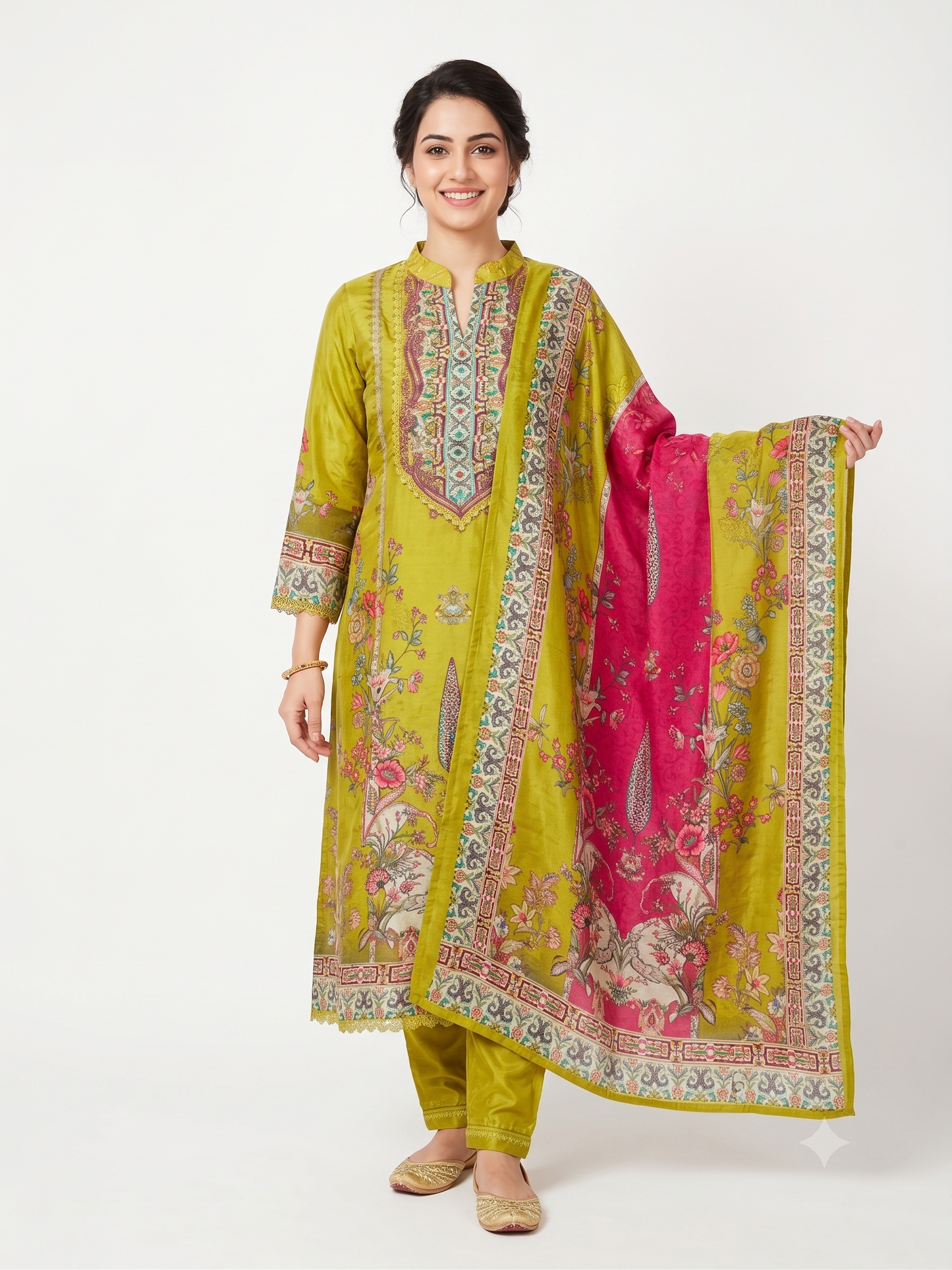 Yellow Floral Lace Crepe Kurta Set