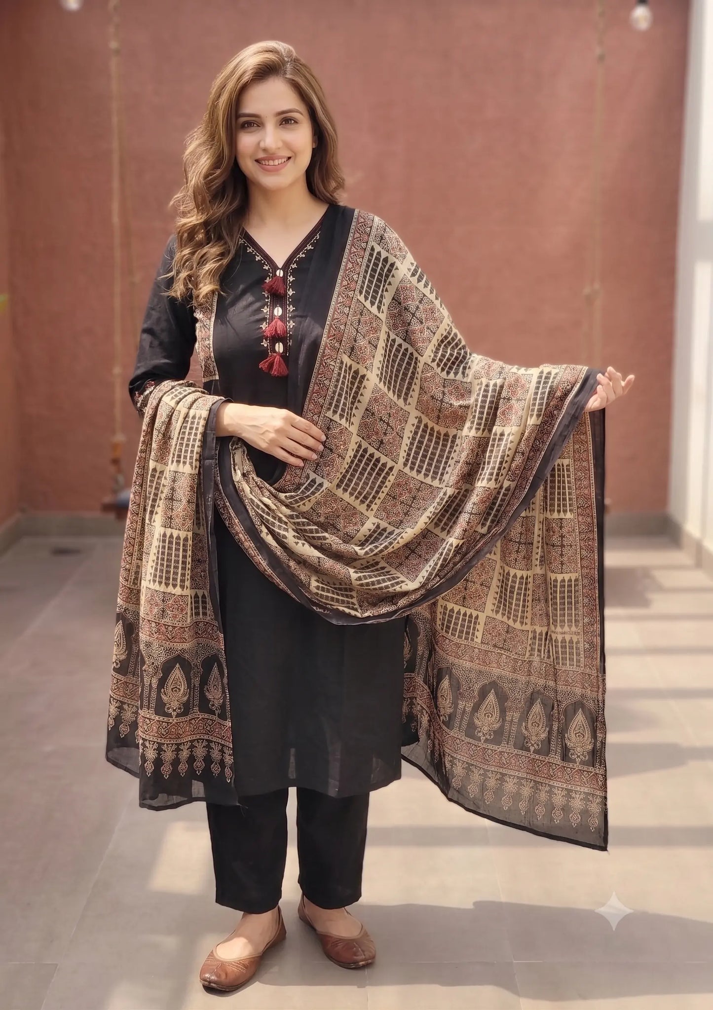 Black Ajrakh Handwork Cotton Kurta Pant Dupatta Set