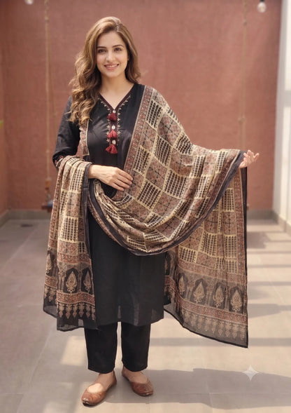 Black Ajrakh Handwork Cotton Kurta Pant Dupatta Set
