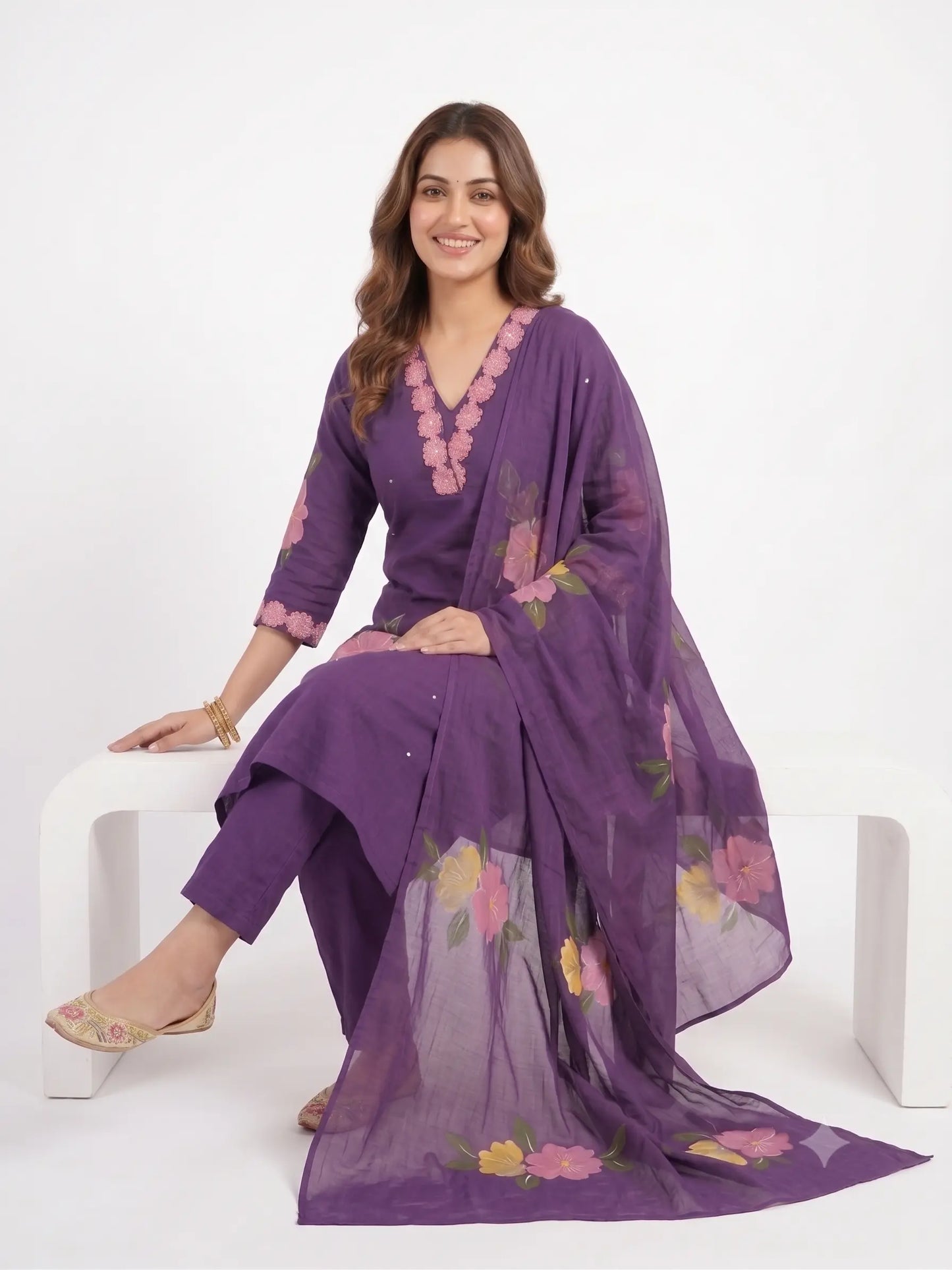 Purple Elegance Pure Cotton Hand-Painted Dupatta Suit Set