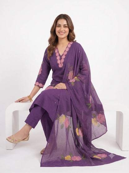 Purple Elegance Pure Cotton Hand-Painted Dupatta Suit Set