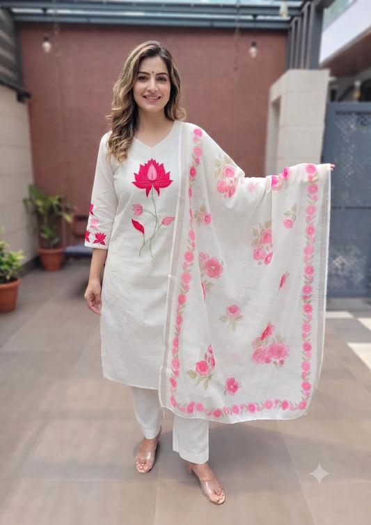 Blush Bloom Pink & White Cotton Kurta Set