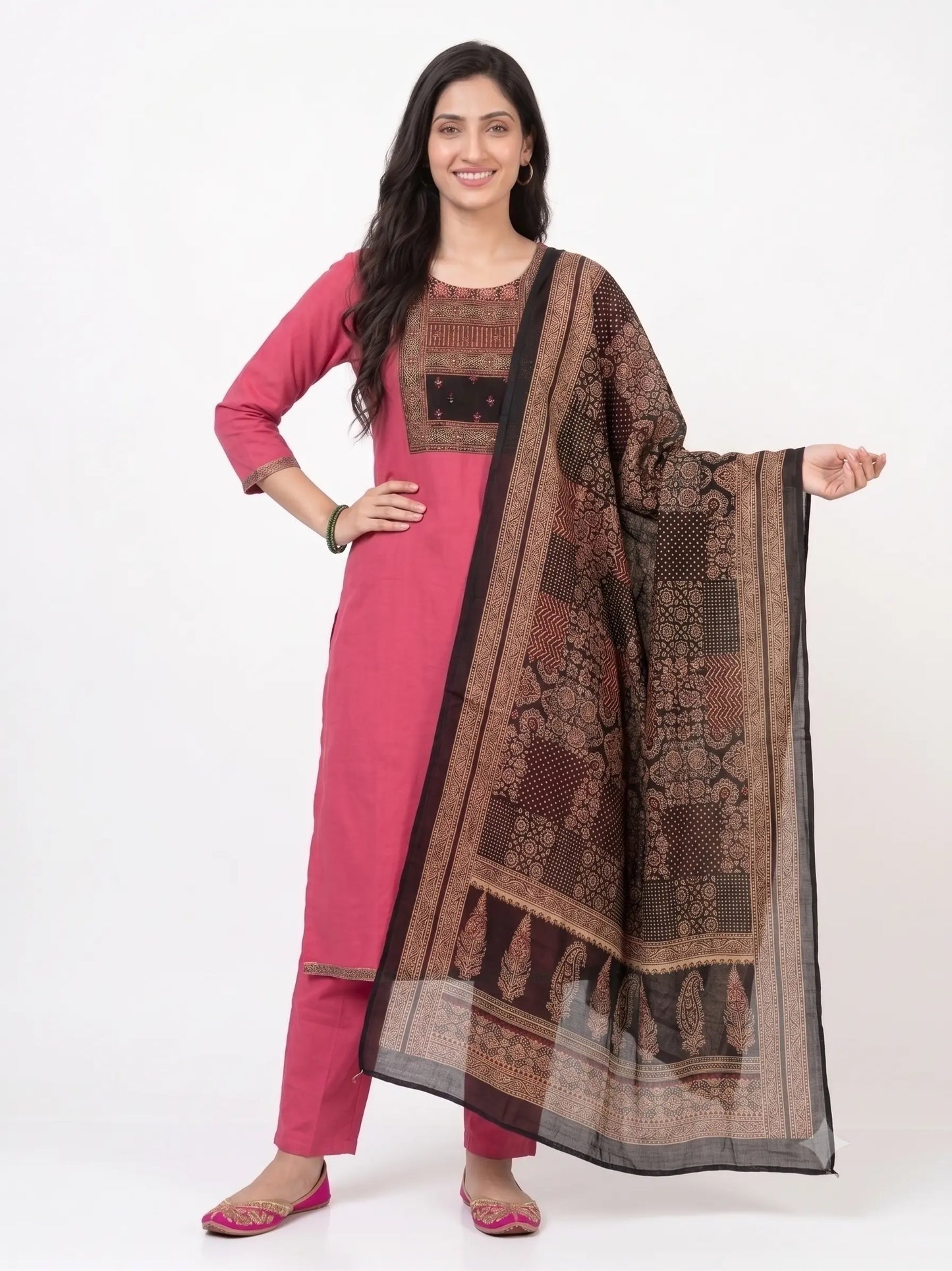 Pink Gamthi Cotton Mirror & Patchwork Kurta Pant Set