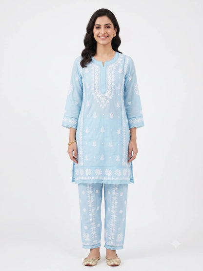 Premium Rayon Blue chikankari Coord Set