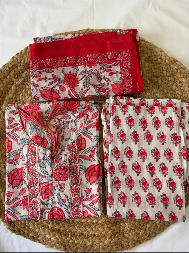 White Floral Printed Kurta Pant Set with Dupatta