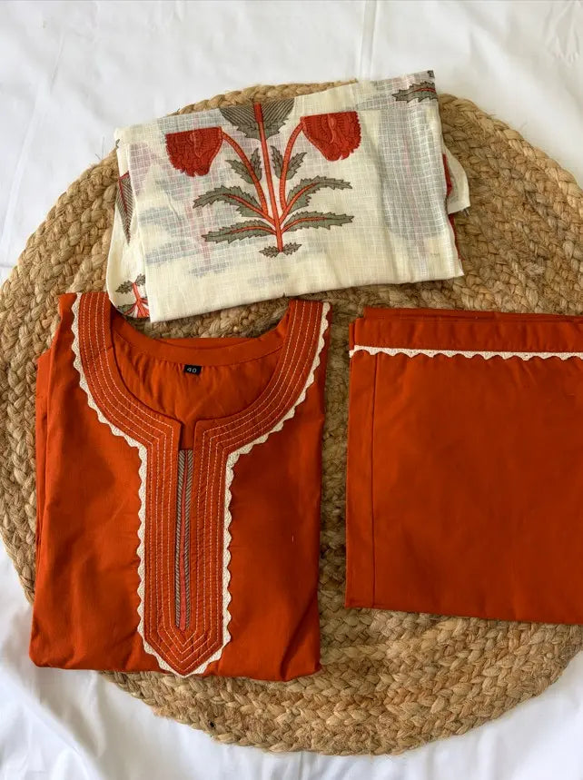 Women's Cotton 3-Piece Kurta Pant Set with Doriya Dupatta, Thread &amp; Lace Work