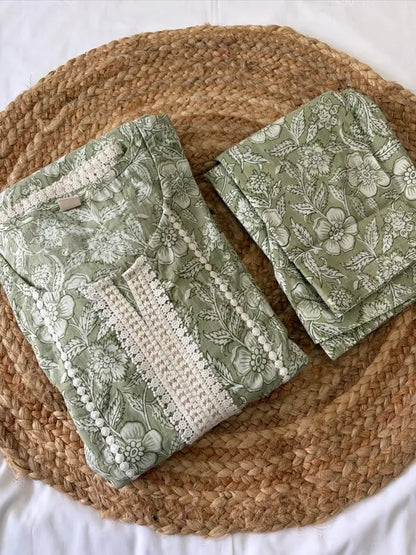 Green Floral Print Cotton Nyra Cut Kurta Pant Set