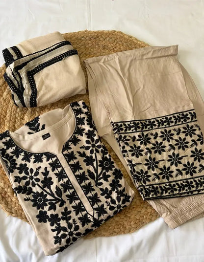 Women's Premium Rayon Chikankari Embroidered Kurta Pant Dupatta Set (White & Black)