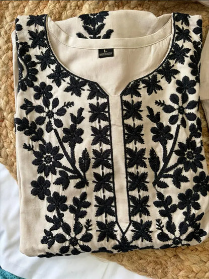 Women's Premium Rayon Chikankari Embroidered Kurta Pant Dupatta Set (White & Black)