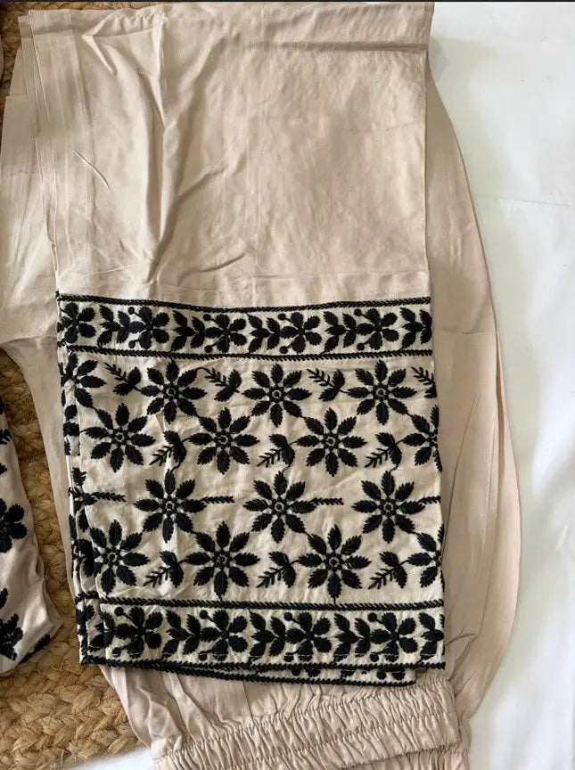 Women's Premium Rayon Chikankari Embroidered Kurta Pant Dupatta Set (White & Black)