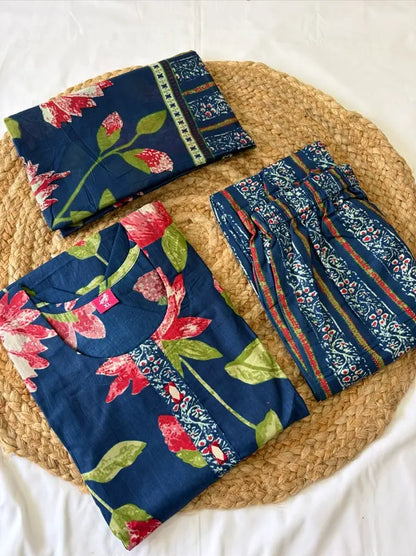 Women's Cotton Cambric Floral Print Kurta Pant Dupatta Set