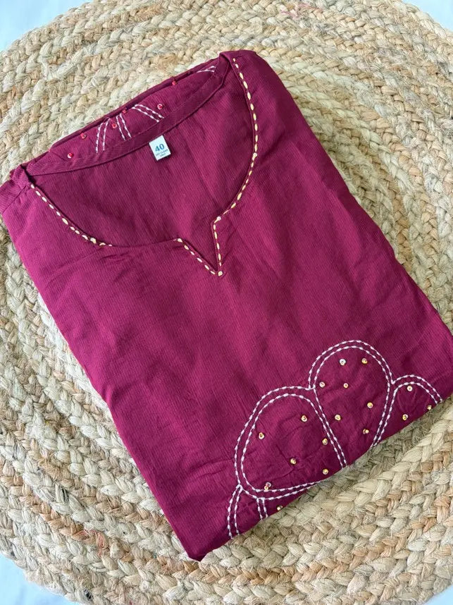 Women's Premium Rayon Chikankari Embroidered Kurta Palazzo Set with Crochet Lace Work (Wine)