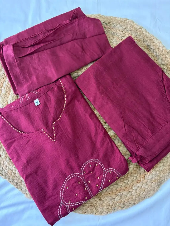 Women's Premium Rayon Chikankari Embroidered Kurta Palazzo Set with Crochet Lace Work (Wine)