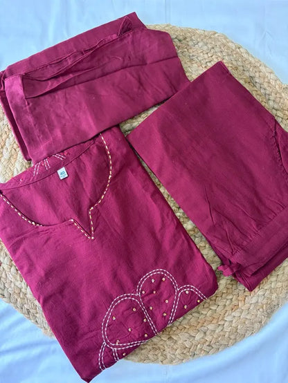 Women's Premium Rayon Chikankari Embroidered Kurta Palazzo Set with Crochet Lace Work (Wine)