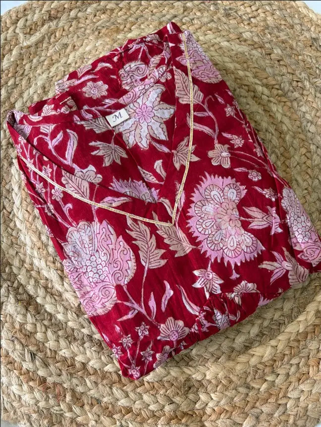 Floral Printed Red Cotton Alia Cut Kurta Set for women