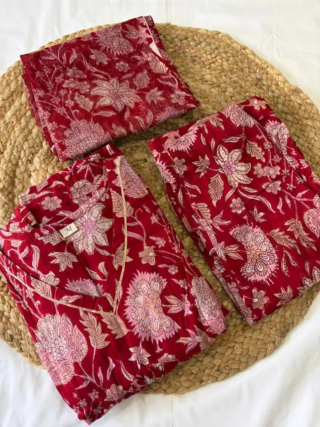 Floral Printed Red Cotton Alia Cut Kurta Set for women