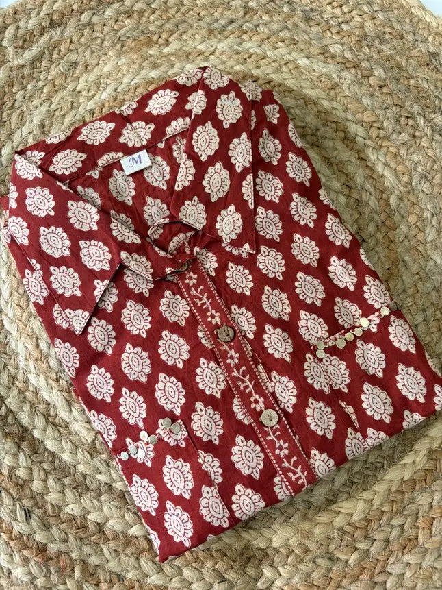 Red Ethnic Printed Cotton Fabric Shirt Kurta With Trouser