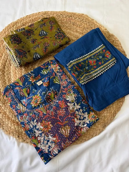 Blue Floral Printed Kurta Pant Set with dupatta