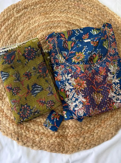 Blue Floral Printed Kurta Pant Set with dupatta
