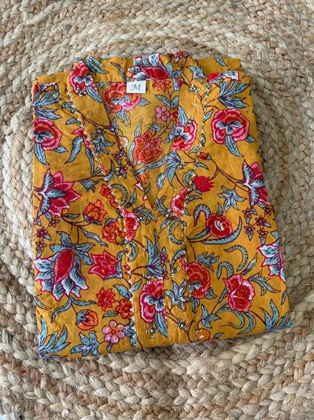 Mustard Cotton Floral Printed Kurta Pant Set,