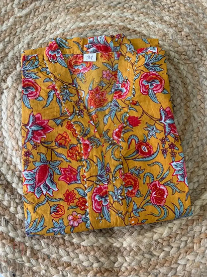 Mustard Cotton Floral Printed Kurta Pant Set,