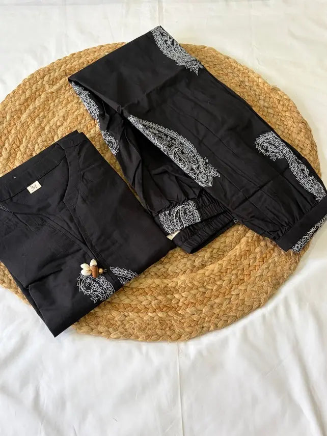 Black Cotton Straight Kurta with Curve Hem Pant set