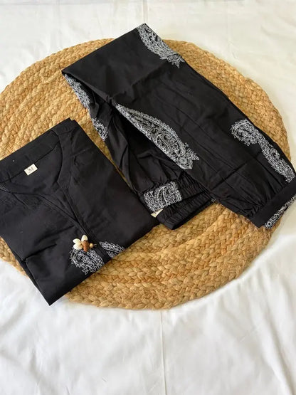 Black Cotton Straight Kurta with Curve Hem Pant set