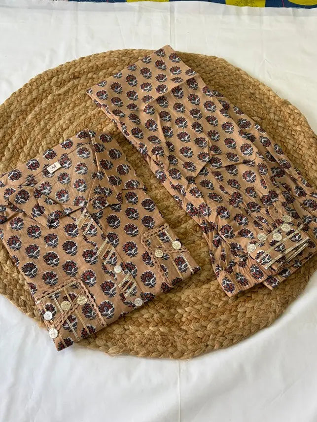 Beige Cotton Shirt Style Kurta Hem Cuffed Pant Co-ord Set