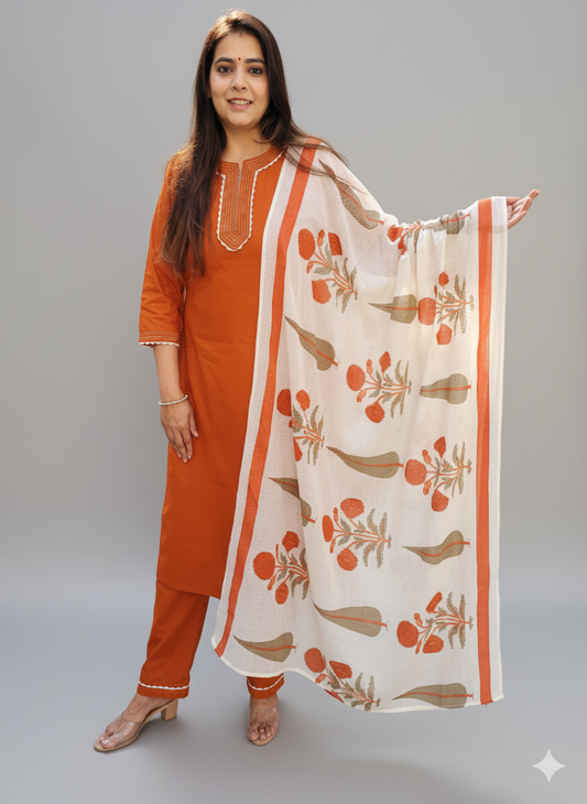 Women's Cotton 3-Piece Kurta Pant Set with Doriya Dupatta, Thread &amp; Lace Work