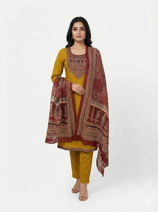 Women's Gamthi Cotton Mirror & Patch Work Kurta Pant Dupatta Set (Mustard)