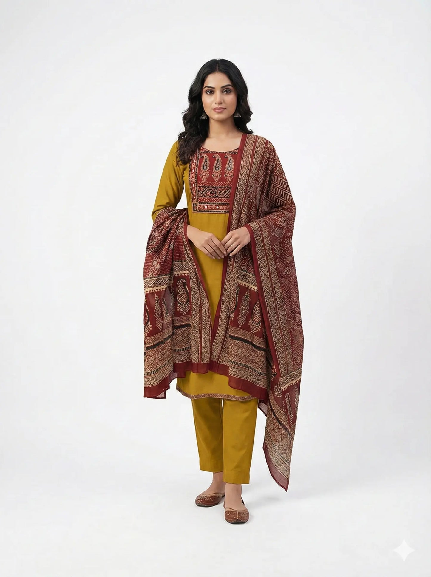 Women's Gamthi Cotton Mirror & Patch Work Kurta Pant Dupatta Set (Mustard)
