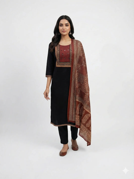 Women's Gamthi Cotton Mirror & Patch Work Kurta Pant Dupatta Set (Black)