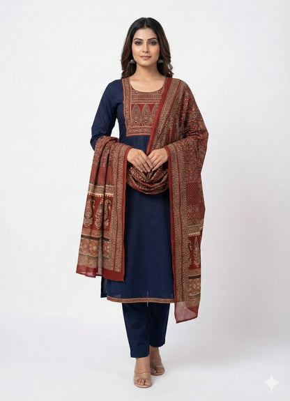 Women's Gamthi Cotton Mirror & Patch Work Kurta Pant Dupatta Set (Navy Blue)
