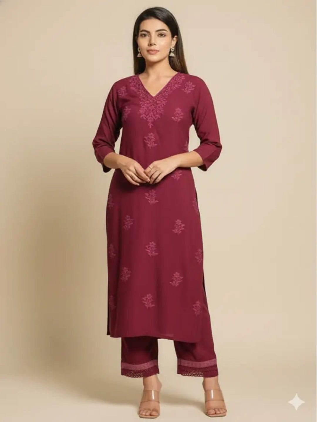 Women's Premium Rayon Chikankari Embroidered Kurta Palazzo Set with Crochet Lace Work (Wine)