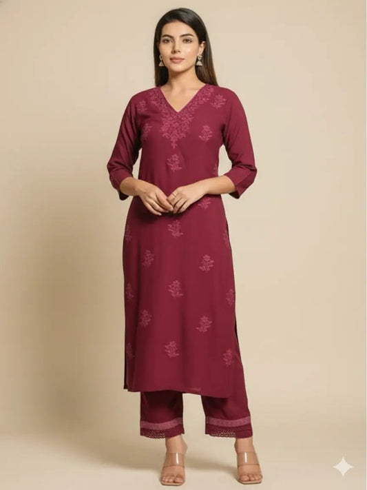 Women's Premium Rayon Chikankari Embroidered Kurta Palazzo Set with Crochet Lace Work (Wine)