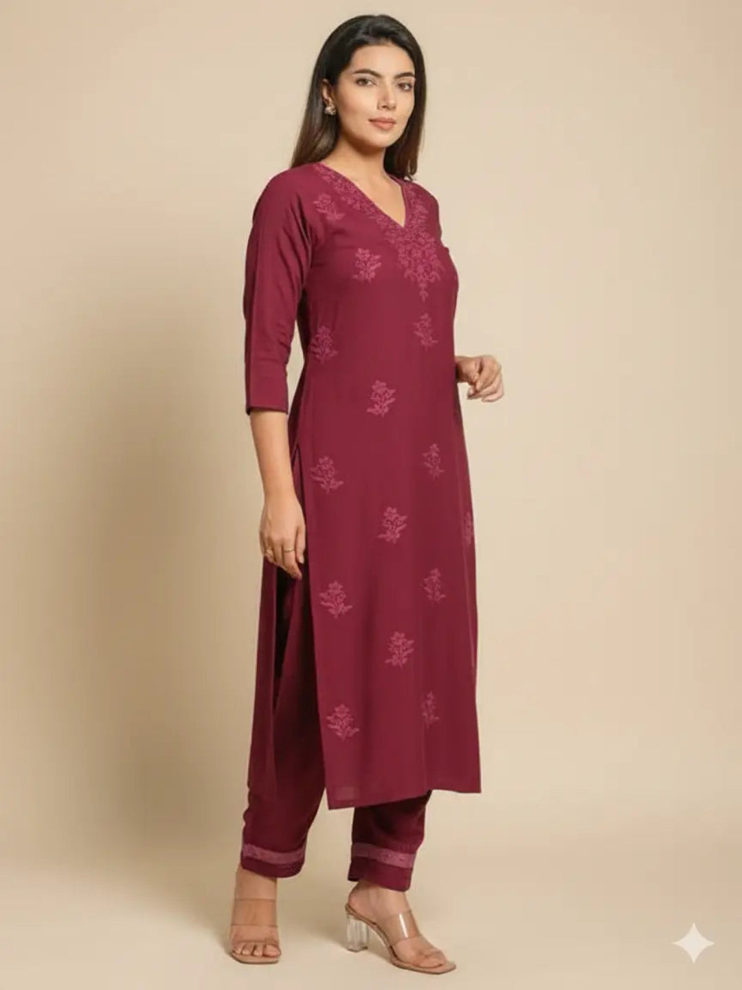Women's Premium Rayon Chikankari Embroidered Kurta Palazzo Set with Crochet Lace Work (Wine)