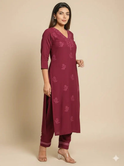 Women's Premium Rayon Chikankari Embroidered Kurta Palazzo Set with Crochet Lace Work (Wine)