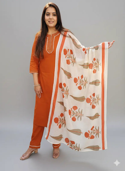 Women's Cotton 3-Piece Kurta Pant Set with Doriya Dupatta, Thread &amp; Lace Work