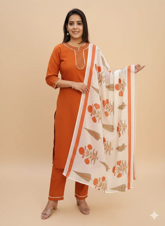 Women's Cotton 3-Piece Kurta Pant Set with Doriya Dupatta, Thread &amp; Lace Work