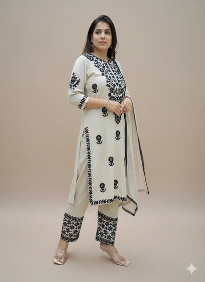 Women's Premium Rayon Chikankari Embroidered Kurta Pant Dupatta Set (White & Black)