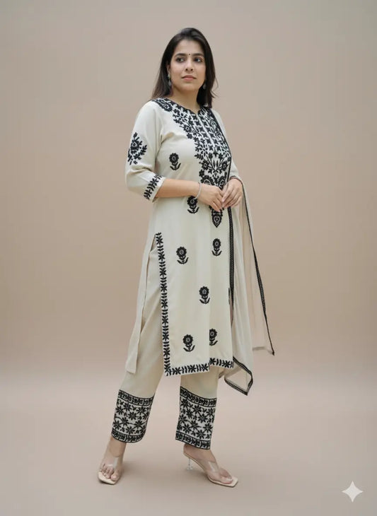 Women's Premium Rayon Chikankari Embroidered Kurta Pant Dupatta Set (White & Black)