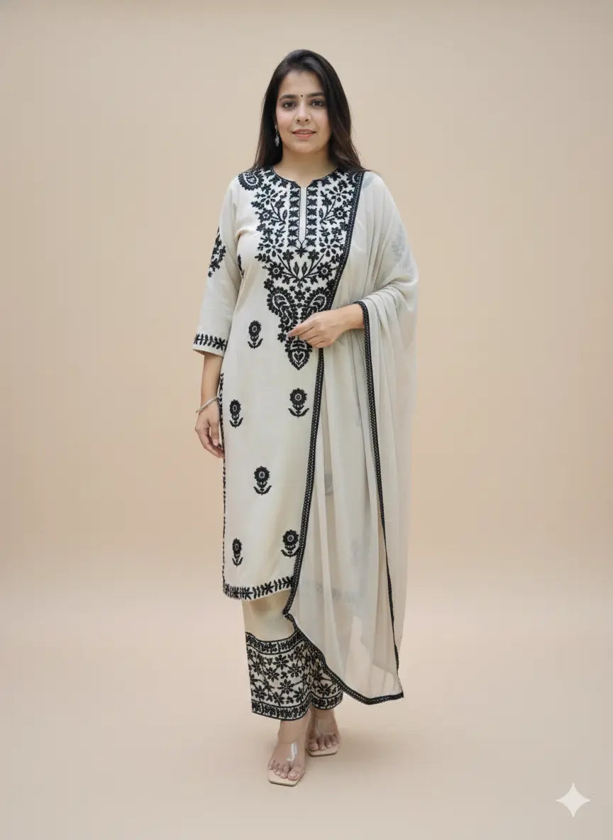 Women's Premium Rayon Chikankari Embroidered Kurta Pant Dupatta Set (White & Black)