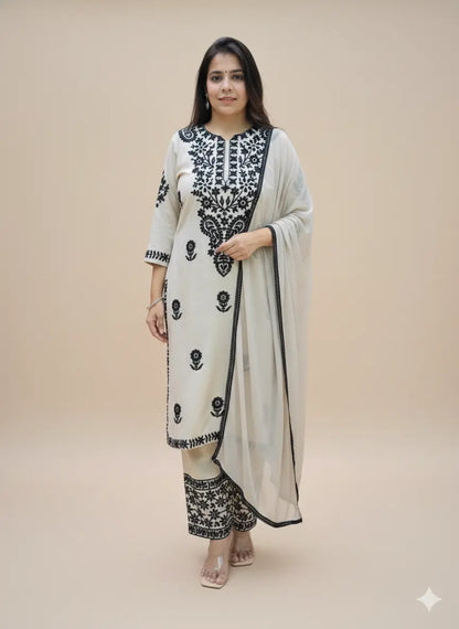 Women's Premium Rayon Chikankari Embroidered Kurta Pant Dupatta Set (White & Black)